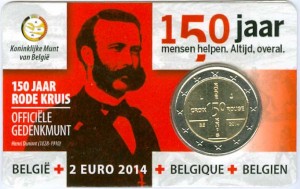 2 евро 2014 Бельгия, 150 лет Бельгийскому Красному кресту, в блистере цена, стоимость