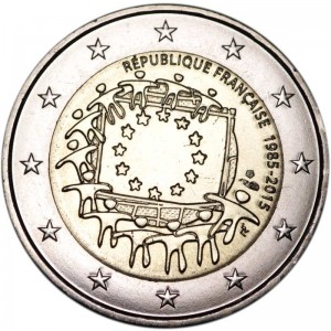 2 euro 2015 France, 30 years of the EU flag price, composition, diameter, thickness, mintage, orientation, video, authenticity, weight, Description
