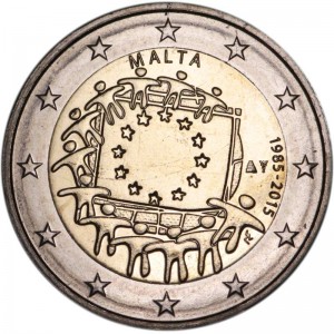 2 euro 2015 Malta, 30 years of the EU flag price, composition, diameter, thickness, mintage, orientation, video, authenticity, weight, Description