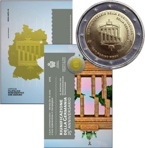 2 евро 2015 Сан-Марино, 25 лет воссоединения Германии цена, стоимость