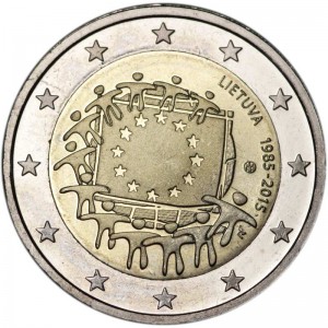 2 евро 2015 Литва, 30 лет флагу ЕС цена, стоимость