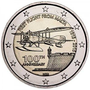 2 евро 2015 Мальта, 100 лет первому авиаперелёту с Мальты цена, стоимость