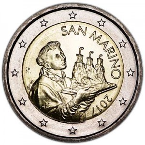 2 евро 2017 Сан-Марино, новый дизайн UNC цена, стоимость