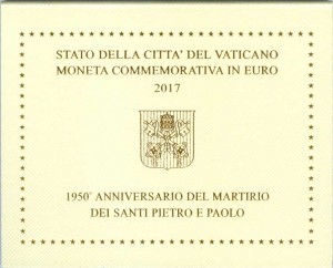2 евро 2017 Ватикан, 1950 лет мученической смерти святых Пётра и Павла, в буклете цена, стоимость