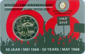 2 euro 2018 Belgium, Student Uprising in May 1968, in blister price, composition, diameter, thickness, mintage, orientation, video, authenticity, weight, Description