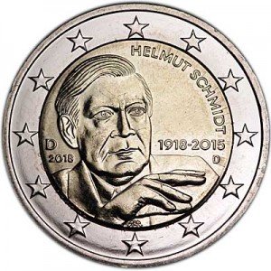 2 euro 2018 Germany Helmut Schmidt, mint mark D price, composition, diameter, thickness, mintage, orientation, video, authenticity, weight, Description