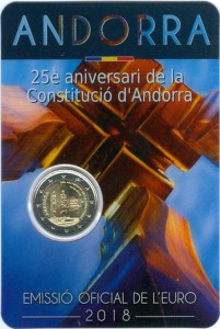 2 euro 2018 Andorra, 25 years of Constitution price, composition, diameter, thickness, mintage, orientation, video, authenticity, weight, Description