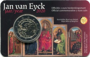 2 euro 2020 Belgium, Jan van Eyck, in blister price, composition, diameter, thickness, mintage, orientation, video, authenticity, weight, Description