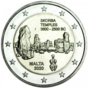 2 euro 2020 Malta Skorba Temples price, composition, diameter, thickness, mintage, orientation, video, authenticity, weight, Description