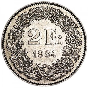2 francs 1970-1990 Switzerland price, composition, diameter, thickness, mintage, orientation, video, authenticity, weight, Description