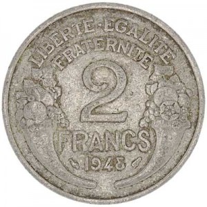 2 francs 1948 France price, composition, diameter, thickness, mintage, orientation, video, authenticity, weight, Description