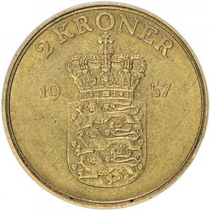 2 kroner 1957 Denmark price, composition, diameter, thickness, mintage, orientation, video, authenticity, weight, Description