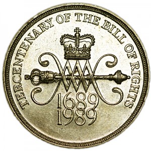 2 фунта 1989 Великобритания, 300-летие Билля о правах цена, стоимость