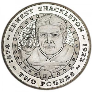 2 pounds 2007 South Georgia and South Sandwich Islands, Ernest Shackleton price, composition, diameter, thickness, mintage, orientation, video, authenticity, weight, Description