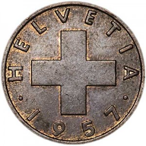 2 rappens 1957 Switzerland price, composition, diameter, thickness, mintage, orientation, video, authenticity, weight, Description