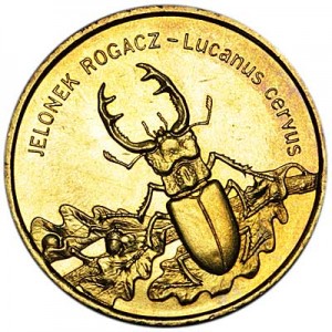 2 zloty 1997 Poland Stag beetle (Jelonek rogacz) series "Animals" price, composition, diameter, thickness, mintage, orientation, video, authenticity, weight, Description