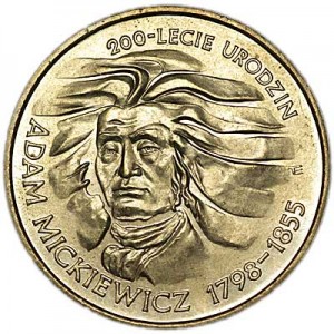 2 zloty 1998 Poland Adam Mickiewicz price, composition, diameter, thickness, mintage, orientation, video, authenticity, weight, Description