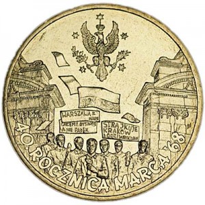 2 zloty 2008 Poland 40th anniversary rally in support of students in March 1968 (40 rocznica Marca'68) price, composition, diameter, thickness, mintage, orientation, video, authenticity, weight, Description