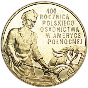 2 zloty 2008 Poland 400th anniversary of Polish settlement in North America (400 rocznica Polskiego Osadnictwa w Ameryce Polnocnej) price, composition, diameter, thickness, mintage, orientation, video, authenticity, weight, Description
