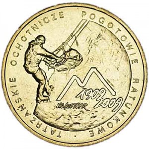 2 zloty 2009 Poland 100th anniversary of the volunteer rescue service in the Tatras (Tarzanskie Ochotnicze Pogotowie Ratunkowe) price, composition, diameter, thickness, mintage, orientation, video, authenticity, weight, Description