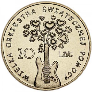 2 zloty 2012 Poland 20th anniversary of the Great Orchestra of Christmas Charity (20 lat Wielka Orkiestra Swiatecznej Pomocy) price, composition, diameter, thickness, mintage, orientation, video, authenticity, weight, Description