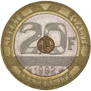 20 Francs 1992 France price, composition, diameter, thickness, mintage, orientation, video, authenticity, weight, Description