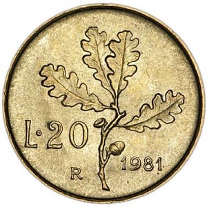 20 lire 1981 Italy price, composition, diameter, thickness, mintage, orientation, video, authenticity, weight, Description