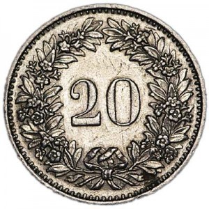 20 rappen 1970-2012 Switzerland price, composition, diameter, thickness, mintage, orientation, video, authenticity, weight, Description