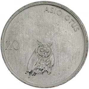 20 stotinov 1992 Slovenia Owl price, composition, diameter, thickness, mintage, orientation, video, authenticity, weight, Description
