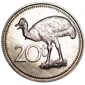 20 toa 1990 Papua - New Guinea, Ostrich price, composition, diameter, thickness, mintage, orientation, video, authenticity, weight, Description