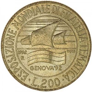 200 lire 1992 Italy Exhibition of stamps in Genoa price, composition, diameter, thickness, mintage, orientation, video, authenticity, weight, Description