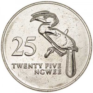 25 Ngwee 1992 Zambia, Hornbill price, composition, diameter, thickness, mintage, orientation, video, authenticity, weight, Description