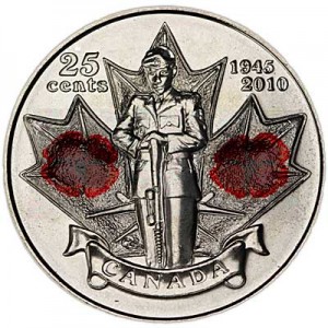 25 cents 2010 CANADA 65th anniversary of victory in Wold War 2d (colored) price, composition, diameter, thickness, mintage, orientation, video, authenticity, weight, Description
