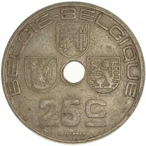 25 сантимов 1938 Бельгия, из обращения цена, стоимость