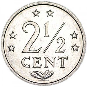 2 1/2 cents 1979 Netherlands Antilles price, composition, diameter, thickness, mintage, orientation, video, authenticity, weight, Description