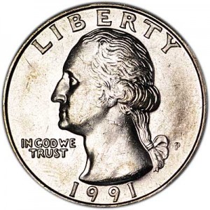 25 центов 1991 США, Вашингтон, двор P цена, стоимость