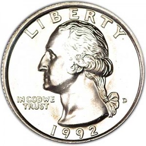 25 центов 1992 США, Вашингтон, двор D цена, стоимость