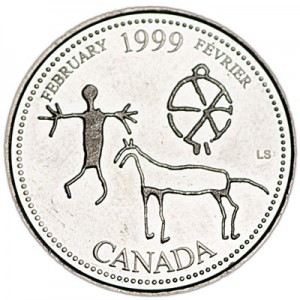 25 cents 1999 Canada, February price, composition, diameter, thickness, mintage, orientation, video, authenticity, weight, Description