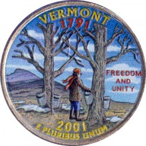25 центов 2001 США Вермонт (Vermont) (цветная) цена, стоимость