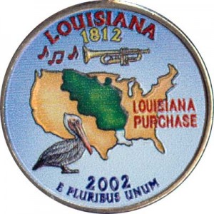 Quarter Dollar 2002 USA Louisiana (colorized) price, composition, diameter, thickness, mintage, orientation, video, authenticity, weight, Description
