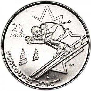 25 Cent 2007 Kanada Olympiade 2010 Vancouver: Slalom Preis, Komposition, Durchmesser, Dicke, Auflage, Gleichachsigkeit, Video, Authentizitat, Gewicht, Beschreibung