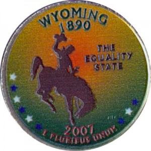 Quarter Dollar 2007 USA Wyoming (colorized) price, composition, diameter, thickness, mintage, orientation, video, authenticity, weight, Description
