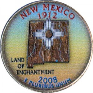 Quarter Dollar 2008 USA New Mexico (colorized) price, composition, diameter, thickness, mintage, orientation, video, authenticity, weight, Description