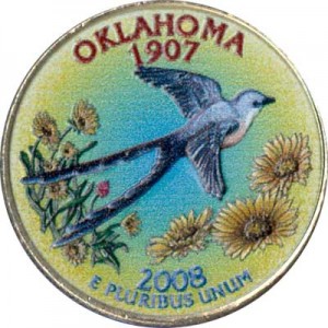 Quarter Dollar 2008 USA Oklahoma (colorized) price, composition, diameter, thickness, mintage, orientation, video, authenticity, weight, Description