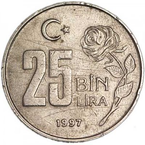 25000 lira Turkey 1997-2000, from circulation price, composition, diameter, thickness, mintage, orientation, video, authenticity, weight, Description
