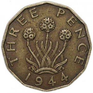 3 pence 1944 United Kingdom price, composition, diameter, thickness, mintage, orientation, video, authenticity, weight, Description