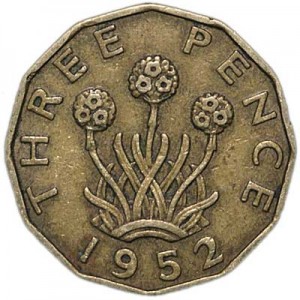 3 пенса 1952 Великобритания цена, стоимость