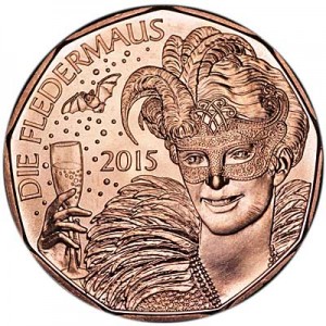 5 Euro 2015 Austria Die Fledermaus price, composition, diameter, thickness, mintage, orientation, video, authenticity, weight, Description