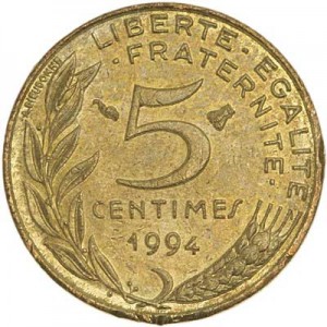 5 centimes 1994 France price, composition, diameter, thickness, mintage, orientation, video, authenticity, weight, Description