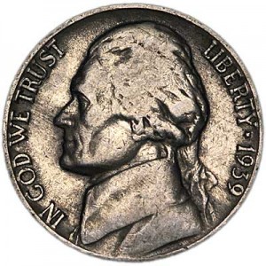 Nickel five cents 1939 US, P, from circulation price, composition, diameter, thickness, mintage, orientation, video, authenticity, weight, Description